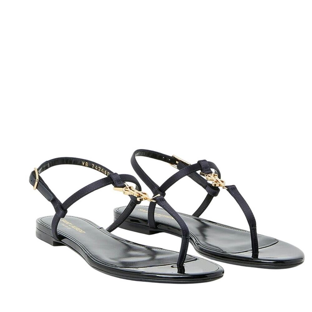 Black Women’s T-Strap Flat Sandals with Gold Accent
